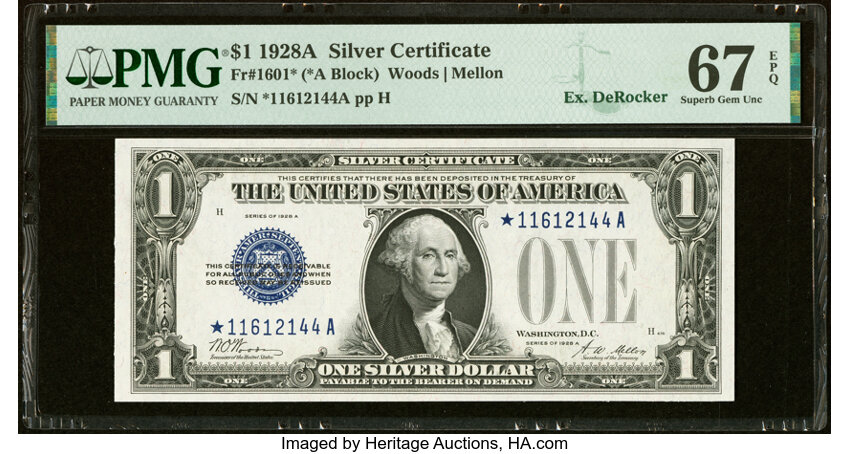 image for: Fr. 1601* $1 1928A Silver Certificate Star Note. PMG Superb Gem Unc 67 EPQ....