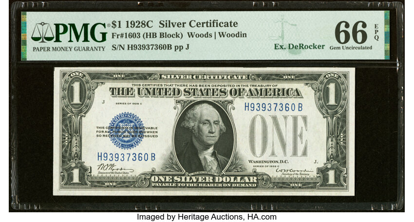 image for: Fr. 1603 $1 1928C Silver Certificate. H-B Block. PMG Gem Uncirculated 66 EPQ....