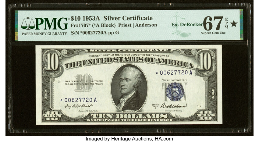 image for: Fr. 1707* $10 1953A Silver Certificate Star Note. PMG Superb Gem Unc 67 EPQ*....
