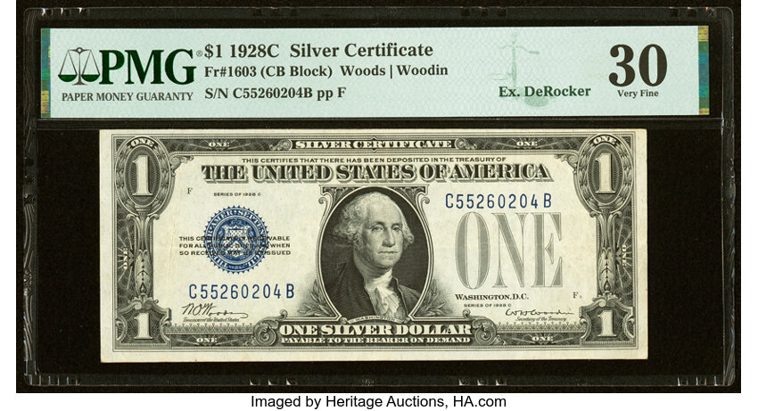 image for: Fr. 1603 $1 1928C Silver Certificate. C-B Block. PMG Very Fine 30....