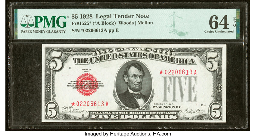 image for: Fr. 1525* $5 1928 Legal Tender Star Note. PMG Choice Uncirculated 64 EPQ....