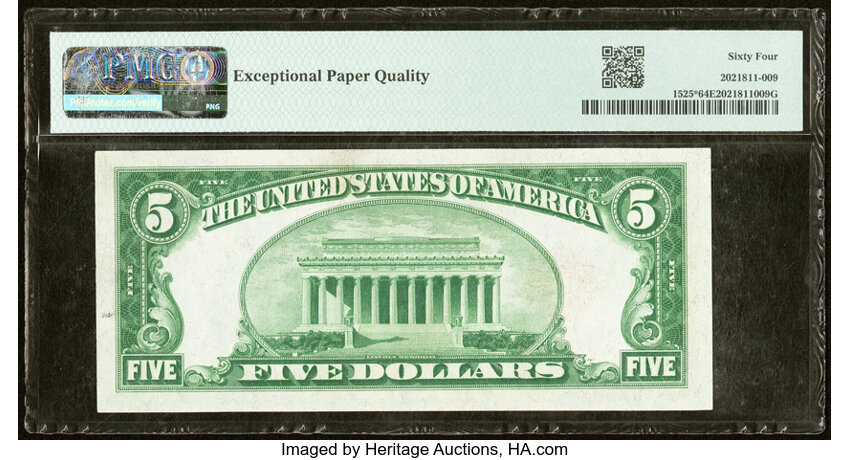 image for: Fr. 1525* $5 1928 Legal Tender Star Note. PMG Choice Uncirculated 64 EPQ....