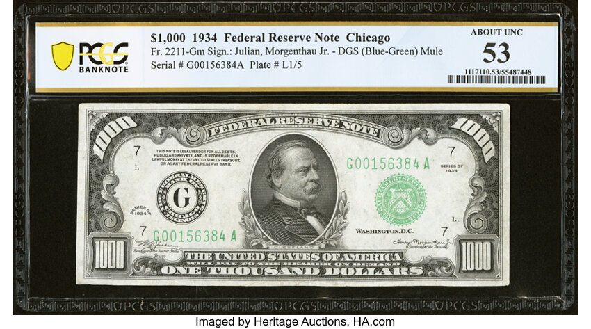 image for: Fr. 2211-G $1,000 1934 Mule Federal Reserve Note. PCGS Banknote About Unc 53....