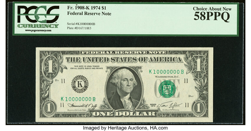 image for: Even Ten Million Serial Number 10000000 Fr. 1908-K $1 1974 Federal Reserve Note. PCGS Choice About New 58PPQ....