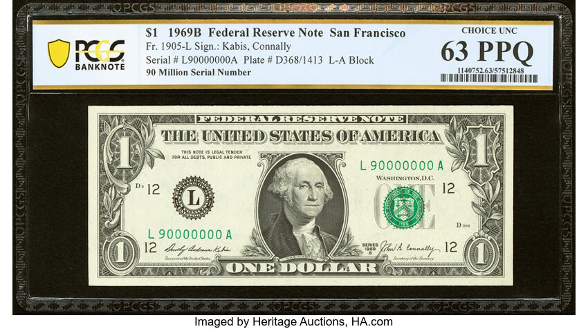 image for: Even Million Serial Number 90000000 Fr. 1905-L $1 1969B Federal Reserve Note. PCGS Banknote Choice Unc 63 PPQ....