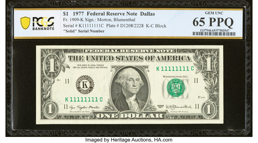 image for: Solid Serial Number 11111111 Fr. 1909-K $1 1977 Federal Reserve Note. PCGS Banknote Gem Unc 65 PPQ....