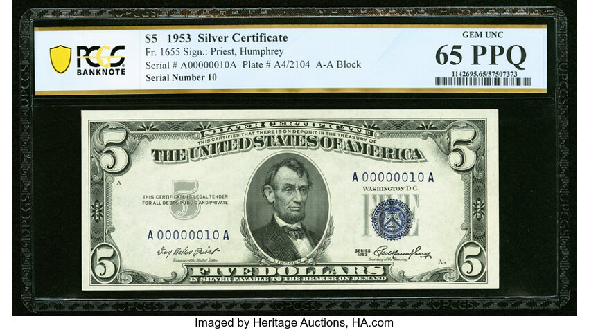 image for: Low Serial Number 10 Fr. 1655 $5 1953 Silver Certificate. PCGS Banknote Gem Unc 65 PPQ....