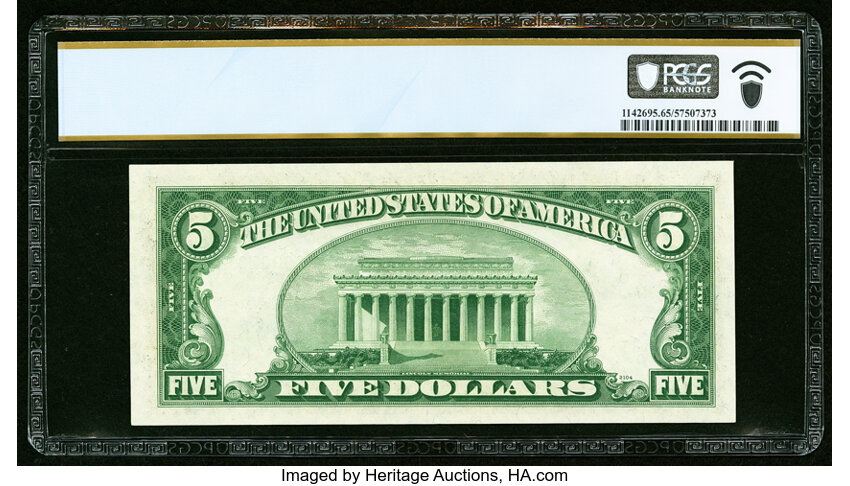 image for: Low Serial Number 10 Fr. 1655 $5 1953 Silver Certificate. PCGS Banknote Gem Unc 65 PPQ....