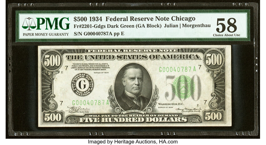 image for: Fr. 2201-G $500 1934 Federal Reserve Note. PMG Choice About Unc 58....