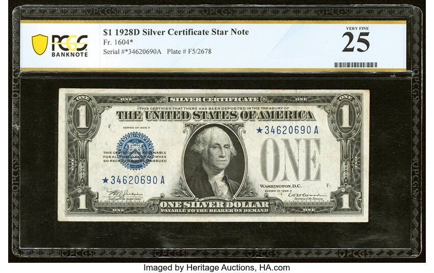 image for: Fr. 1604* $1 1928D Silver Certificate Star Note. PCGS Banknote Very Fine 25....