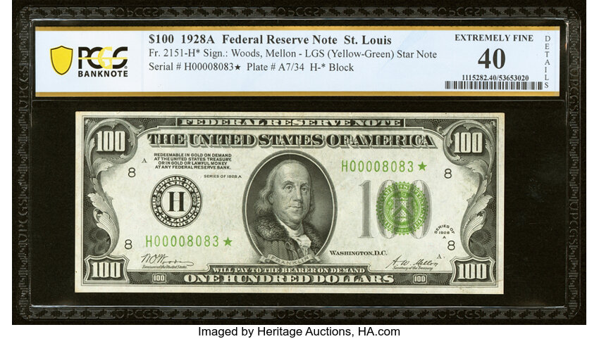 image for: Fr. 2151-H* $100 1928A Light Green Seal Federal Reserve Star Note. PCGS Banknote Extremely Fine 40 Details....