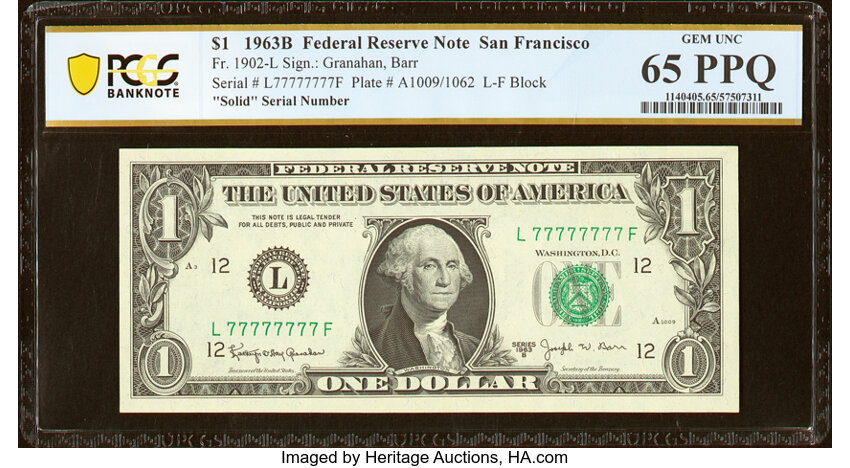 image for: Solid Serial Number 77777777 Fr. 1902-L $1 1963B Federal Reserve Note. PCGS Banknote Gem Unc 65 PPQ....