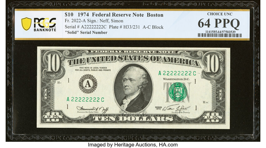 image for: Solid Serial Number 22222222 Fr. 2022-A $10 1974 Federal Reserve Note. PCGS Banknote Choice Unc 64 PPQ....