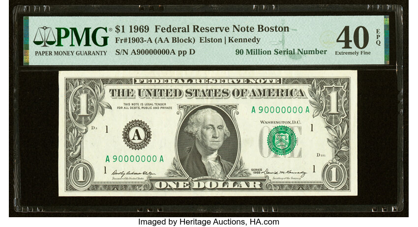 image for: 90 Million Serial Number Fr. 1903-A $1 1969 Federal Reserve Note. PMG Extremely Fine 40 EPQ....