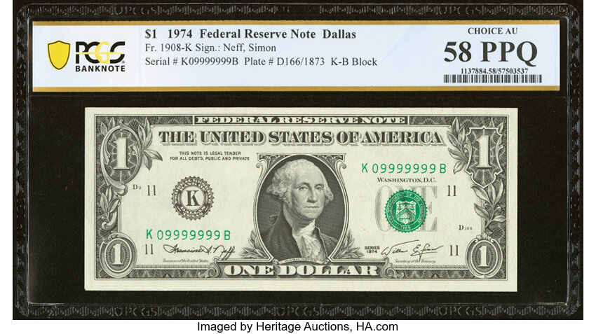 image for: Seven in a Row Nines Serial Number 09999999 Fr. 1908-K $1 1974 Federal Reserve Note. PCGS Banknote Choice AU 58PPQ....