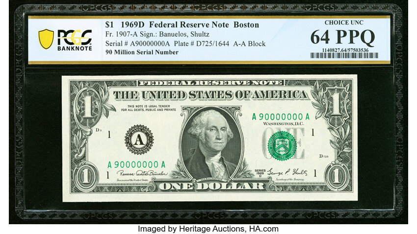 image for: A-A Block 90 Million Serial Number Fr. 1907-A $1 1969D Federal Reserve Note. PCGS Banknote Choice Unc 64 PPQ....