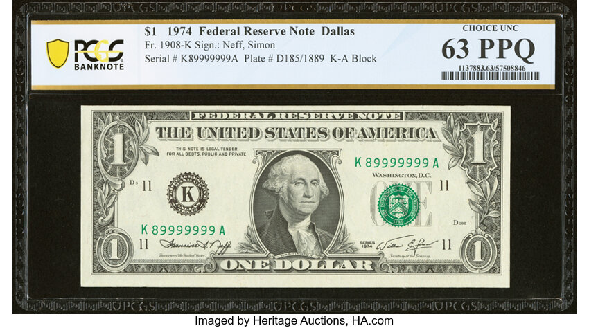 image for: Seven in a Row Nines Serial Number K89999999A Fr. 1908-K $1 1974 Federal Reserve Note. PCGS Banknote Choice Unc 63 PPQ....