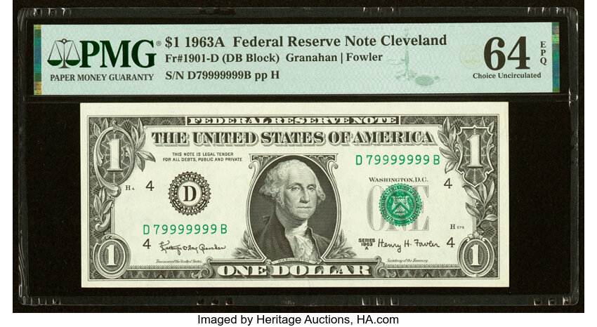 image for: Seven in a Row Nines Serial Number D79999999B Fr. 1901-D $1 1963A Federal Reserve Note. PMG Choice Uncirculated 64 EPQ....