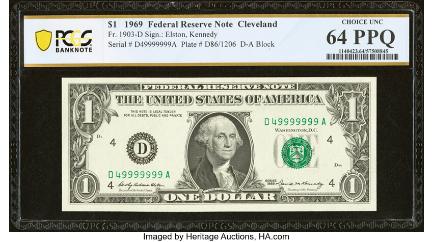 image for: Seven in a Row Nines Serial Number D49999999A Fr. 1903-D $1 1969 Federal Reserve Note. PCGS Banknote Choice Unc 64 PPQ....