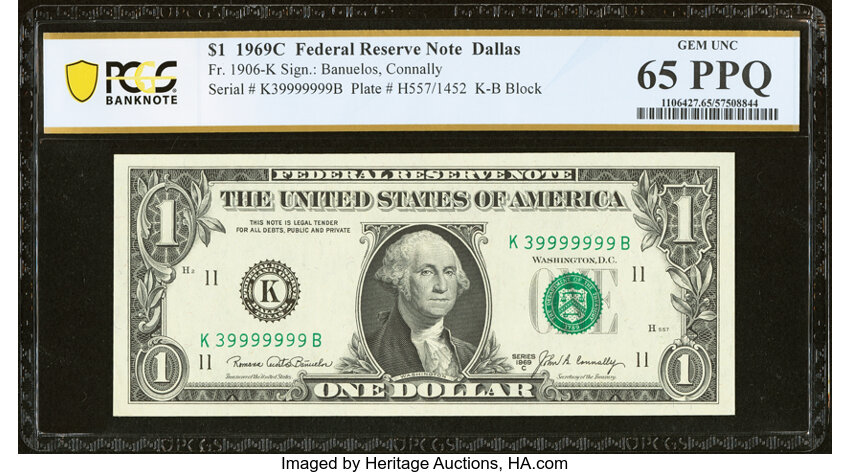 image for: Seven in a Row Nines Serial Number 39999999 Fr. 1906-K $1 1969C Federal Reserve Note. PCGS Banknote Gem Unc 65 PPQ....