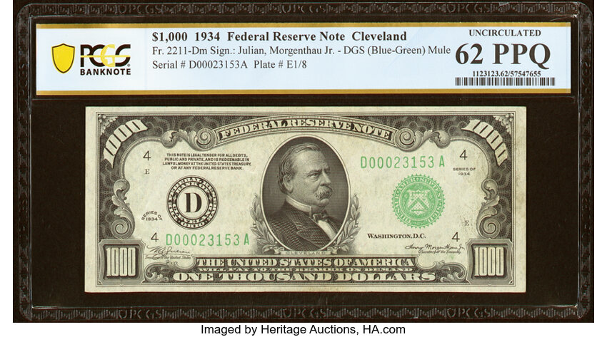image for: Fr. 2211-D $1,000 1934 Mule Federal Reserve Note. PCGS Banknote Uncirculated 62 PPQ....