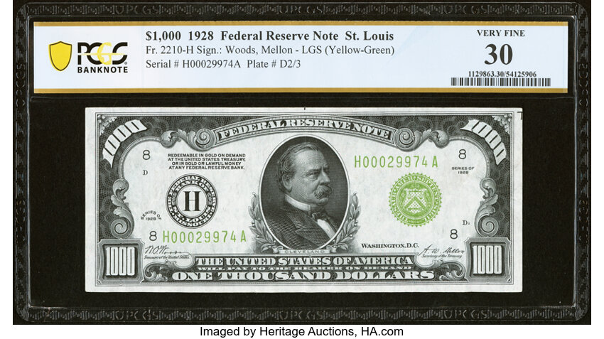 image for: Fr. 2210-H $1,000 1928 Light Green Seal Federal Reserve Note. PCGS Banknote Very Fine 30....