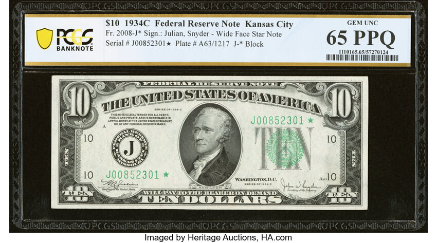 image for: Fr. 2008-J* $10 1934C Wide Federal Reserve Star Note. PCGS Banknote Gem Unc 65 PPQ....
