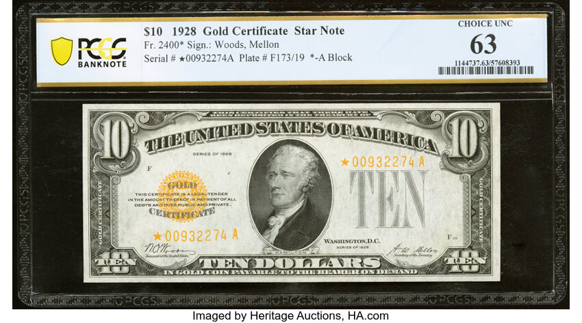 image for: Fr. 2400* $10 1928 Gold Certificate Star Note. PCGS Banknote Choice Unc 63....