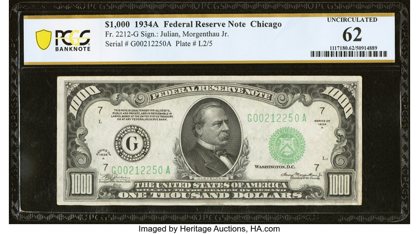 image for: Fr. 2212-G $1,000 1934A Federal Reserve Note. PCGS Banknote Uncirculated 62....