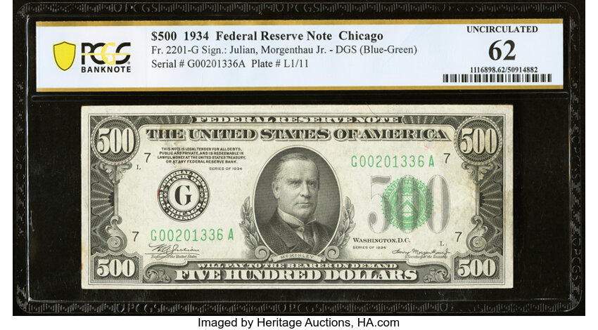 image for: Fr. 2201-G $500 1934 Federal Reserve Note. PCGS Banknote Uncirculated 62....