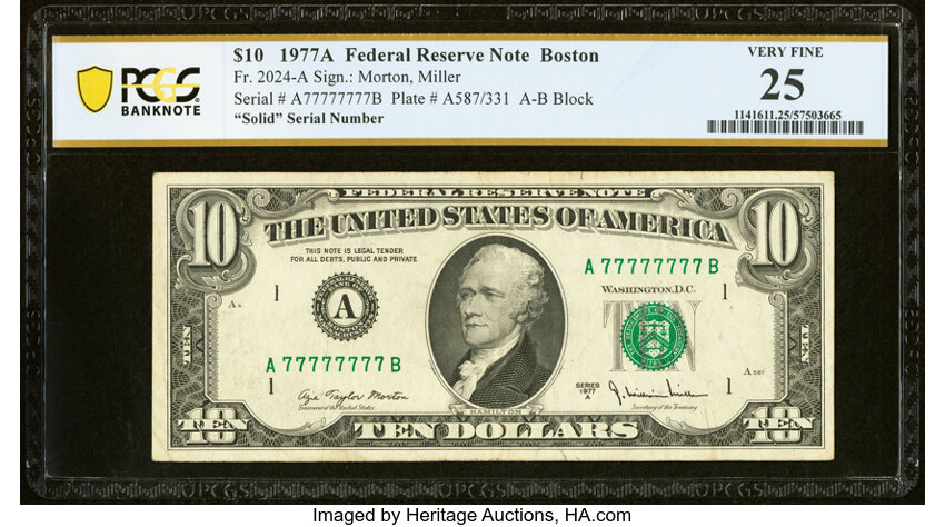 image for: Solid Serial Number 77777777 Fr. 2024-A $10 1977A Federal Reserve Note. PCGS Banknote Very Fine 25....