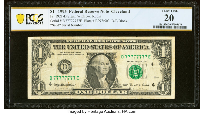 image for: Solid Serial Number 77777777 Fr. 1921-D $1 1995 Federal Reserve Note. PCGS Banknote Very Fine 20....