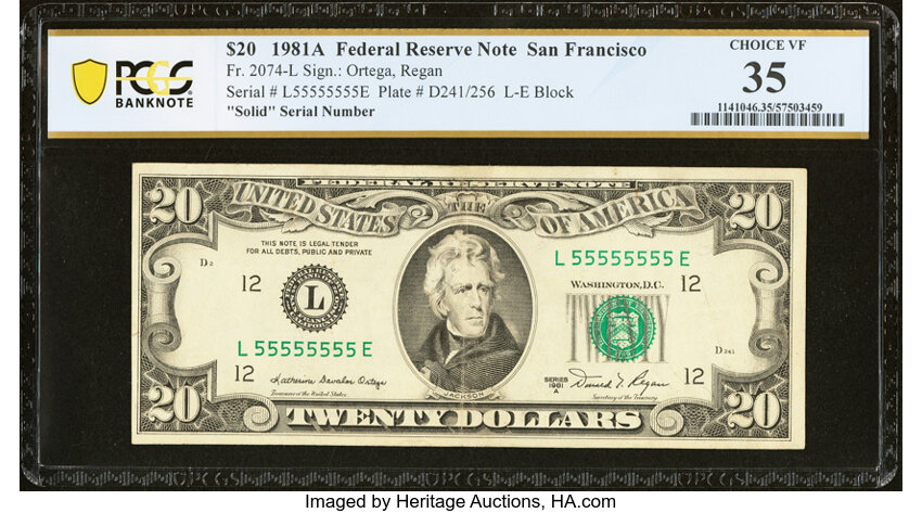 image for: Solid Serial Number 55555555 Fr. 2074-L $20 1981A Federal Reserve Note. PCGS Banknote Choice VF 35....