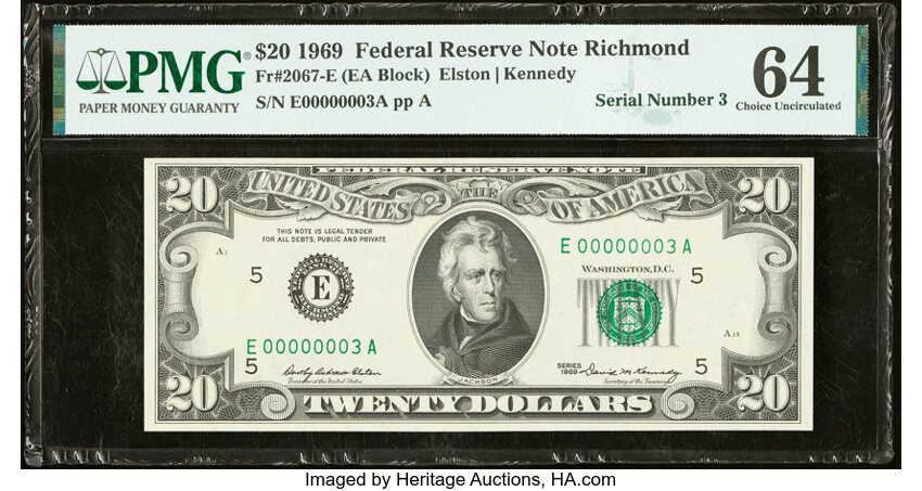 image for: Low Serial Number 3 Fr. 2067-E $20 1969 Federal Reserve Note. PMG Choice Uncirculated 64....