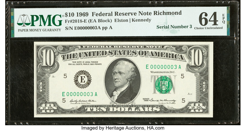 image for: Low Serial Number 3 Fr. 2018-E $10 1969 Federal Reserve Note. PMG Choice Uncirculated 64 EPQ....