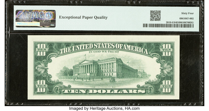 image for: Low Serial Number 3 Fr. 2018-E $10 1969 Federal Reserve Note. PMG Choice Uncirculated 64 EPQ....