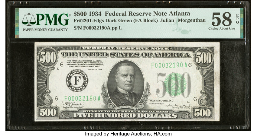 image for: Fr. 2201-F $500 1934 Federal Reserve Note. PMG Choice About Unc 58 EPQ....