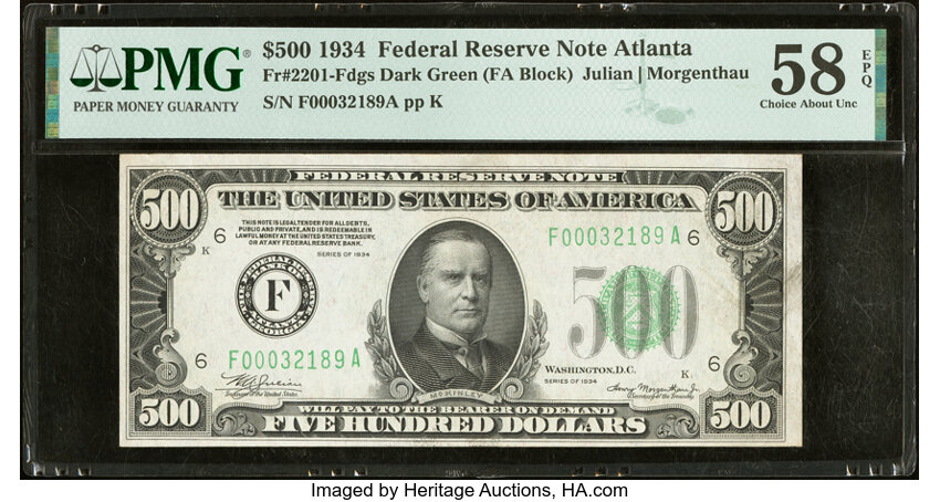 image for: Fr. 2201-F $500 1934 Federal Reserve Note. PMG Choice About Unc 58 EPQ....