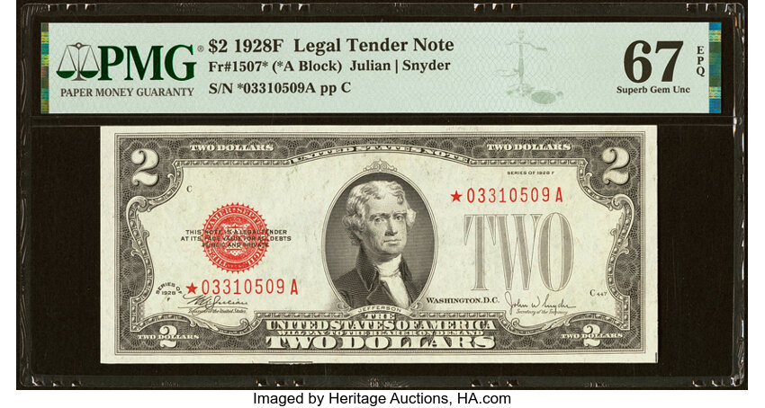 image for: Fr. 1507* $2 1928F Legal Tender Star Note. PMG Superb Gem Unc 67 EPQ....