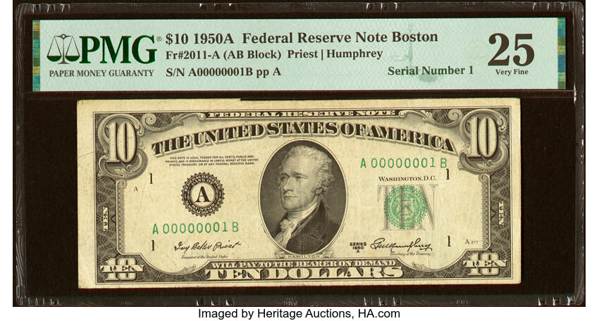 image for: Serial Number 1 with Minor Fold Over Error Fr. 2011-A $10 1950A Federal Reserve Note. PMG Very Fine 25....