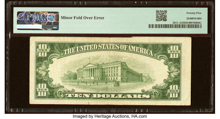 image for: Serial Number 1 with Minor Fold Over Error Fr. 2011-A $10 1950A Federal Reserve Note. PMG Very Fine 25....