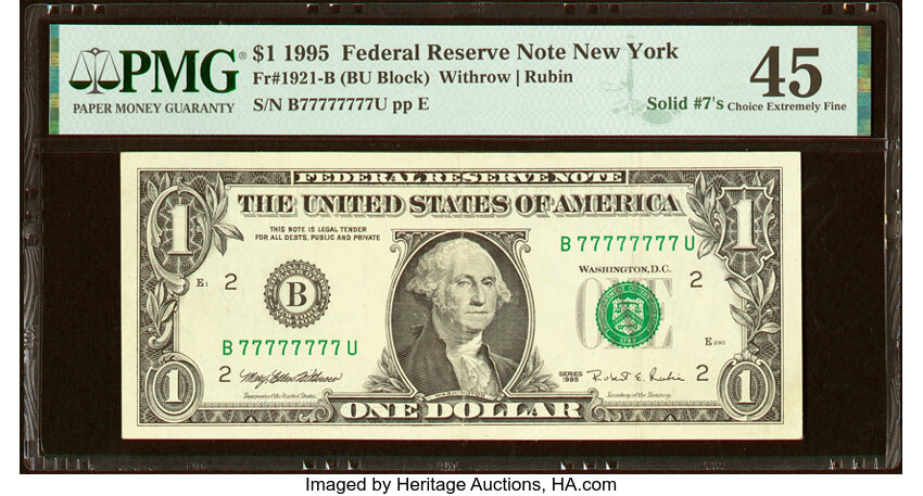 image for: Solid Serial Number 77777777 Fr. 1921-B $1 1995 Federal Reserve Note. PMG Choice Extremely Fine 45....