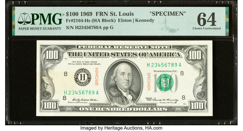 image for: Ascending Ladder Serial Number H2345678A Fr. 2164-H $100 1969 Specimen Federal Reserve Note. PMG Choice Uncirculated 64....