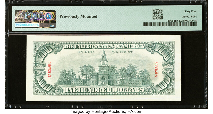 image for: Ascending Ladder Serial Number H2345678A Fr. 2164-H $100 1969 Specimen Federal Reserve Note. PMG Choice Uncirculated 64....