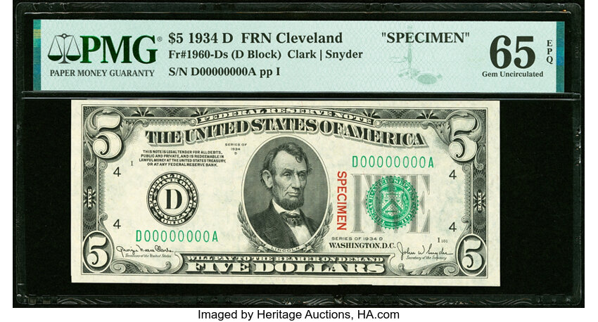 image for: Solid Serial Number D00000000A Fr. 1960-D $5 1934D Specimen Federal Reserve Note. PMG Gem Uncirculated 65 EPQ....