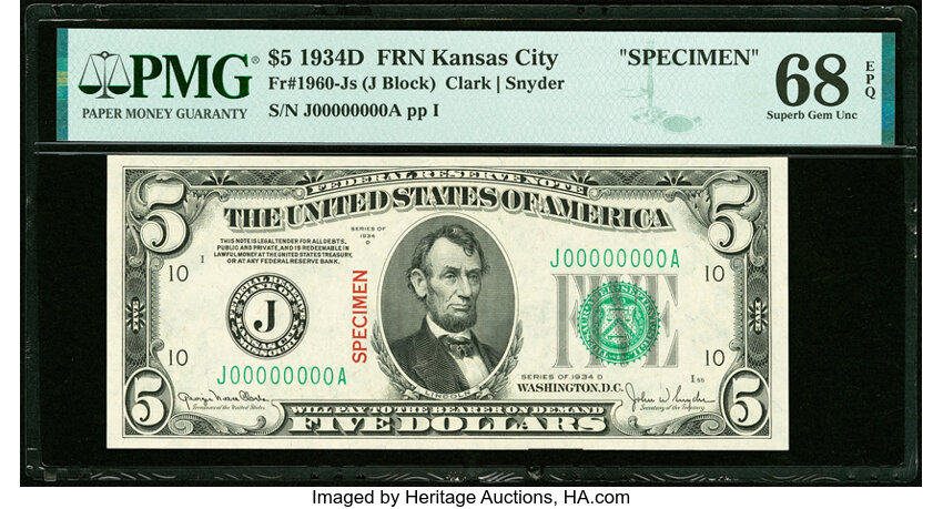 image for: Solid Serial Number J00000000A Fr. 1960-J $5 1934D Specimen Federal Reserve Note. PMG Superb Gem Unc 68 EPQ....