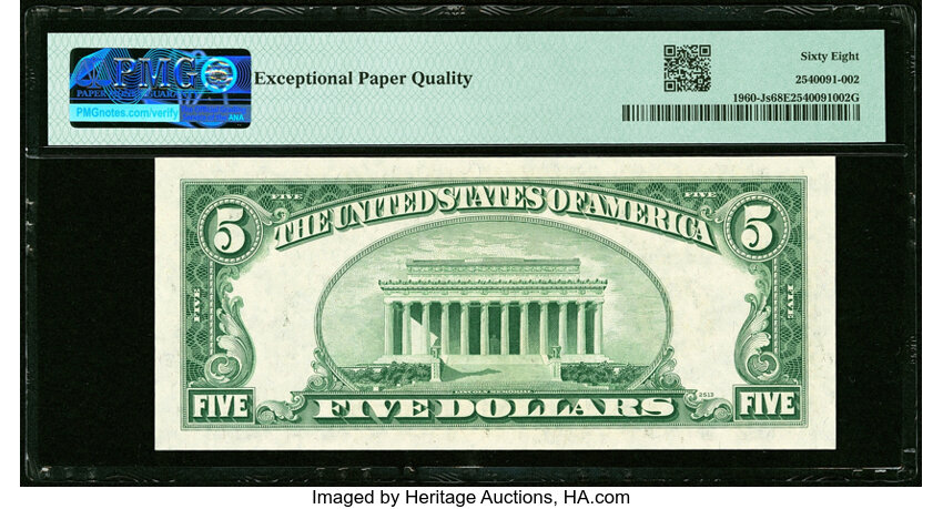 image for: Solid Serial Number J00000000A Fr. 1960-J $5 1934D Specimen Federal Reserve Note. PMG Superb Gem Unc 68 EPQ....