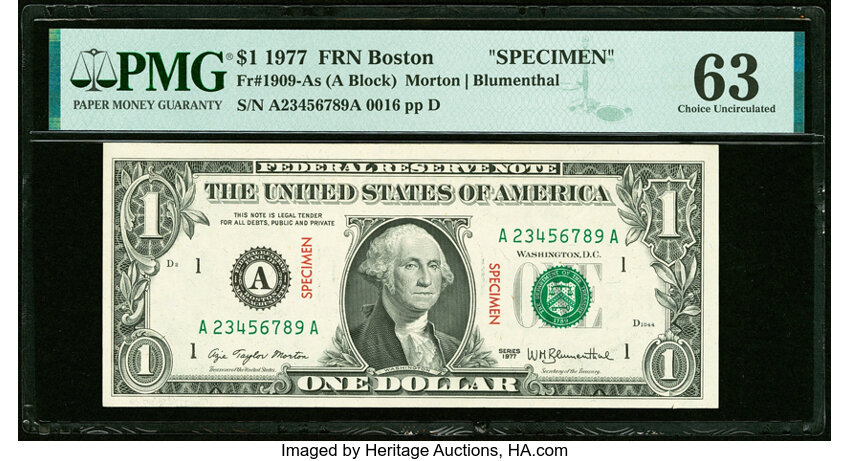 image for: Ascending Ladder Serial Number A23456789A Fr. 1909-A $1 1977 Specimen Federal Reserve Note. PMG Choice Uncirculated 63....