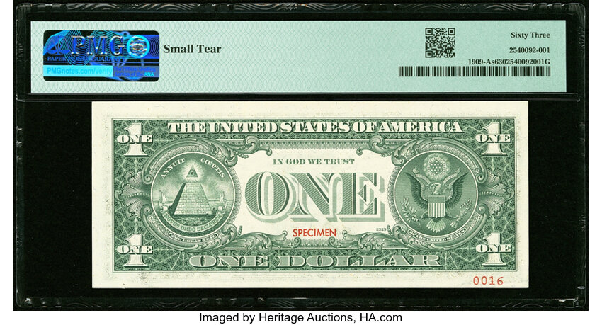 image for: Ascending Ladder Serial Number A23456789A Fr. 1909-A $1 1977 Specimen Federal Reserve Note. PMG Choice Uncirculated 63....