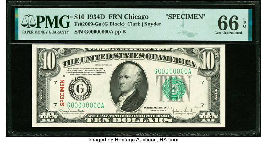 image for: Solid Serial Number G00000000A Fr. 2009-G $10 1934D Specimen Federal Reserve Note. PMG Gem Uncirculated 66 EPQ....